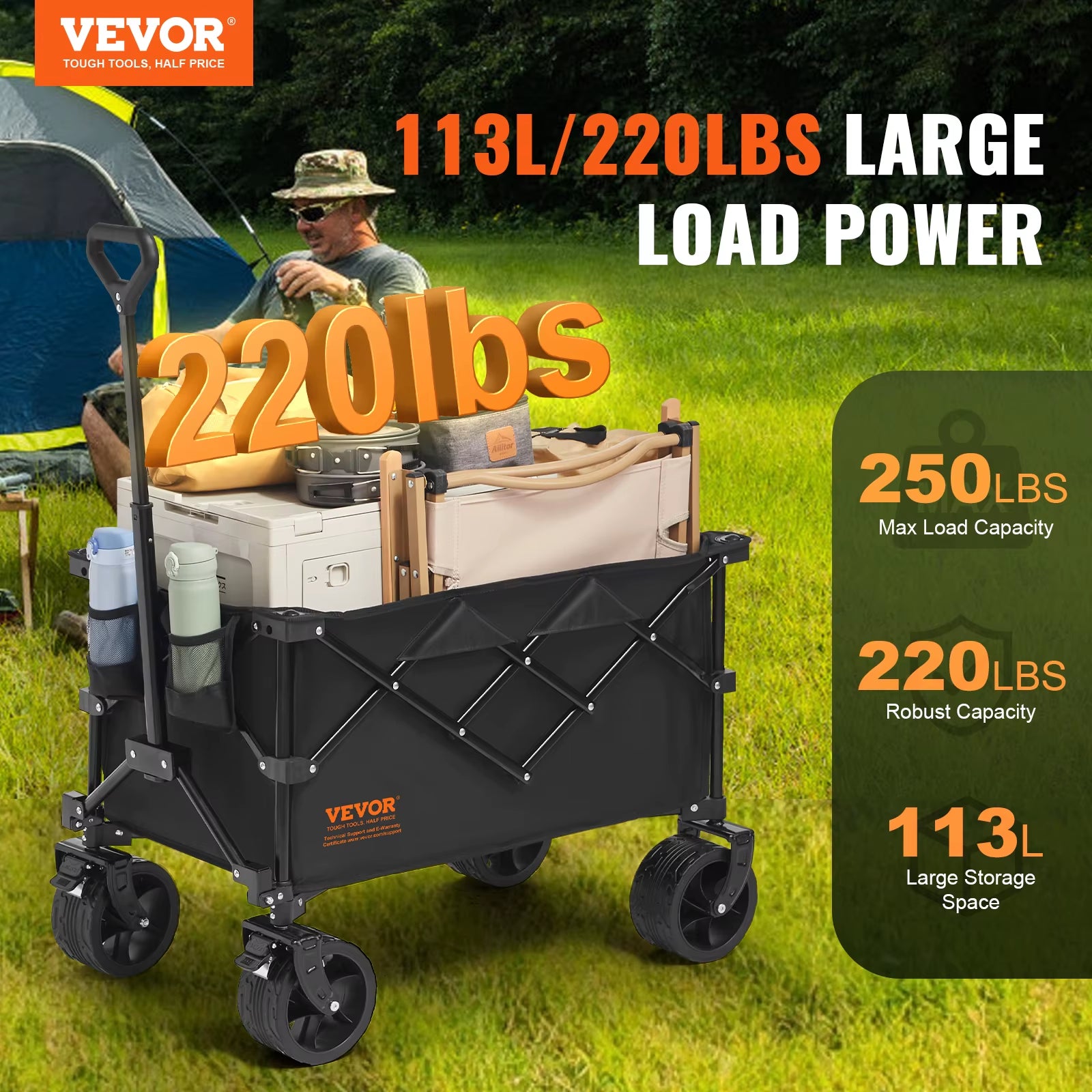 Collapsible Folding Wagon Beach Wagon Cart with All-Terrain Wheels Drink Holders Sports Wagon for Camping Shopping Garden